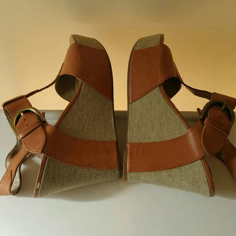 Franco Sarto Brown Leather and Canvas Platform Wedges